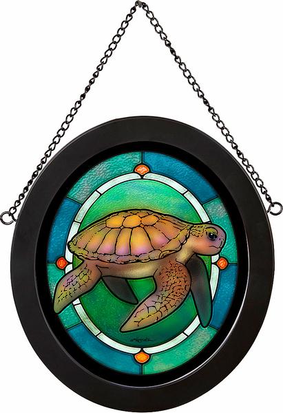 Sea Turtle Framed Stained Glass Art Look Suncatcher Oval Hanging Panel