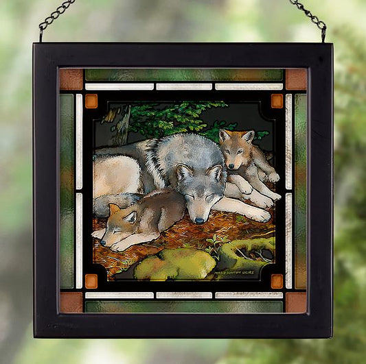 Wolves Take a Rest Framed Stained Glass Art Look Suncatcher Small Square Hanging Panel