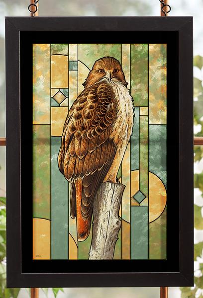 Perched Red-tailed Hawk Framed Stained Glass Art Look Suncatcher Large Hanging Panel