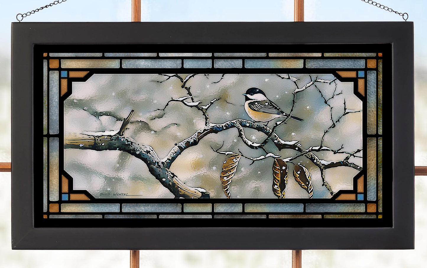 Chickadee Waiting for Spring Framed Stained Glass Art Look Suncatcher Large Hanging Panel