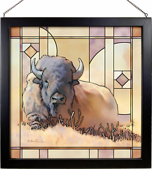 Resting Bull Bison Framed Stained Glass Art Look Suncatcher Large Hanging Panel