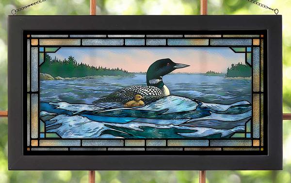 Loon on the Lake Framed Stained Glass Art Look Suncatcher Large Hanging Panel