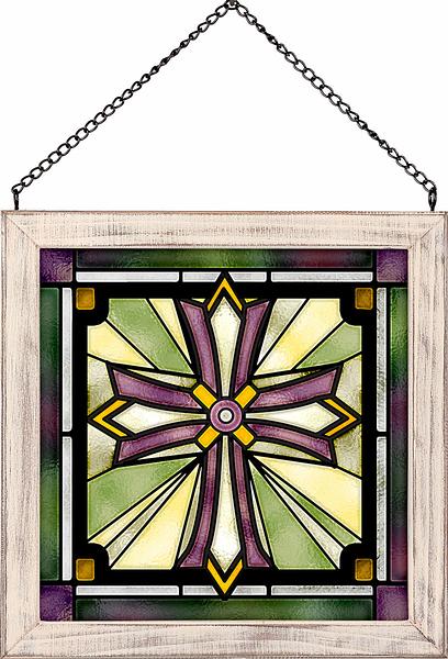 Royal Cross Framed Stained Glass Art Look Suncatcher Small Square Hanging Panel