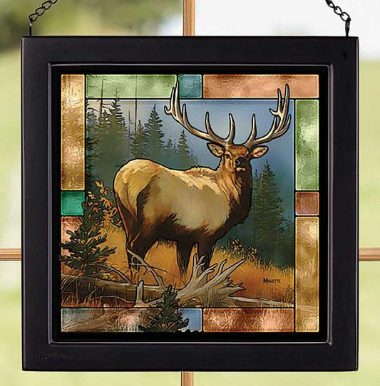 Royal Elk in the Mist Framed Stained Glass Art Look Suncatcher Small Square Hanging Panel