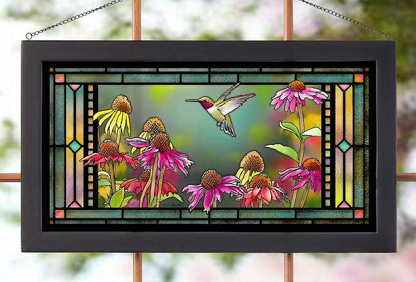 Ruby Hummingbird takes Flight Framed Stained Glass Art Look Suncatcher Large Hanging Panel