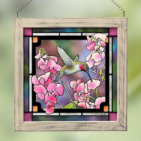 Ruby Hummingbird & Sweet Pea Framed Stained Glass Art Look Suncatcher Small Square Hanging Panel