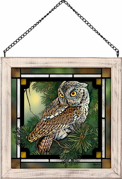 Tiny Screech Owl in Pinetree Framed Stained Glass Art Look Suncatcher Small Square Hanging Panel