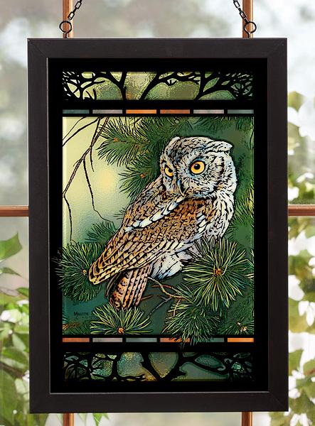 Tiny Screech Owl in Pine Tree Framed Stained Glass Art Look Suncatcher Large Hanging Panel