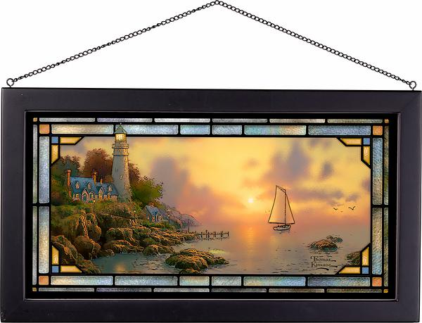 Sailboat on the Tranquil Sea Framed Stained Glass Art Look Suncatcher Large Hanging Panel