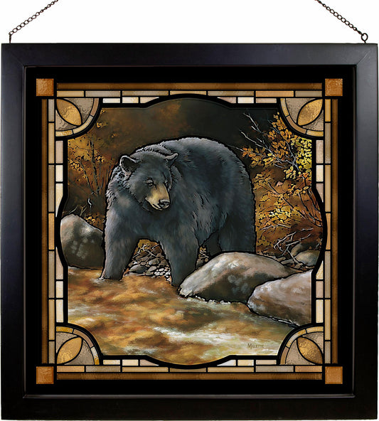 Black Bear on the Hunt Framed Stained Glass Art Look Suncatcher Large Hanging Panel