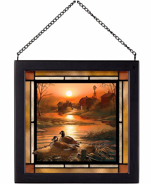 Shoreline Geese at Sunset Framed Stained Glass Art Look Suncatcher Small Square Hanging Panel