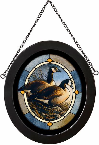 Canada Geese Duo Framed Stained Glass Art Look Suncatcher Oval Hanging Panel