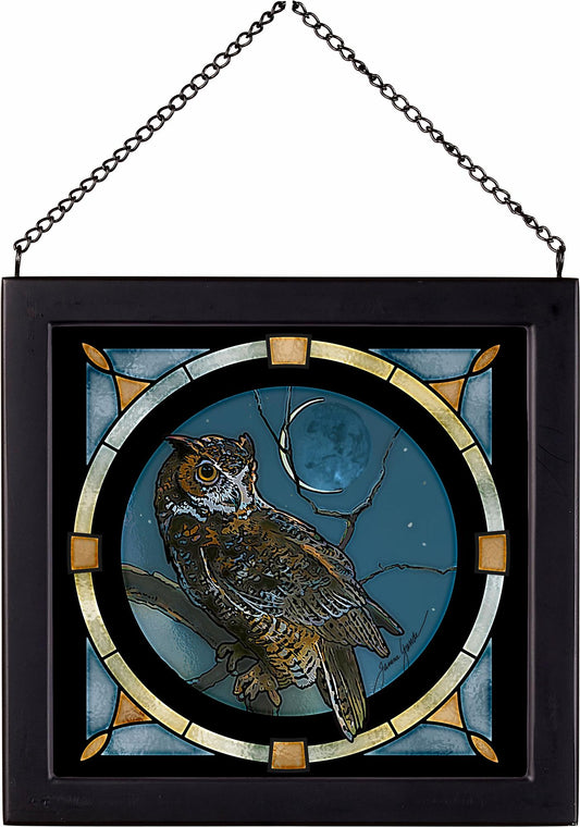 Great Horned Owl at Night Framed Stained Glass Art Look Suncatcher Small Square Hanging Panel