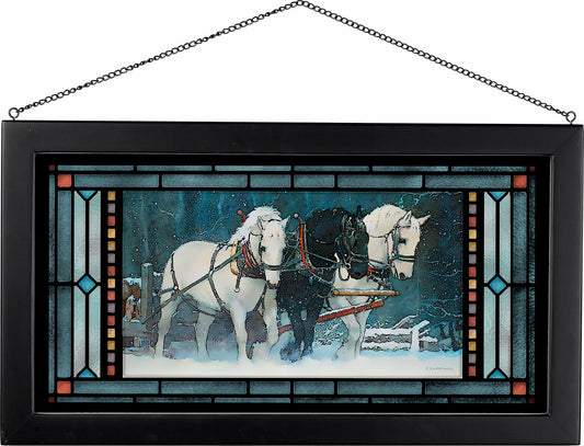 Winter Wonderland Horses Framed Stained Glass Art Look Suncatcher Large Hanging Panel