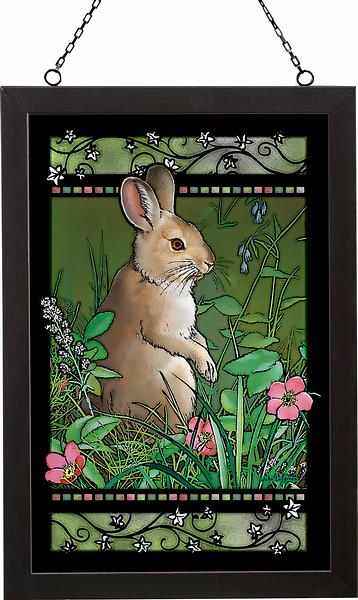 Bunny Rabbit in the Meadows Framed Stained Glass Art Look Suncatcher Large Hanging Panel