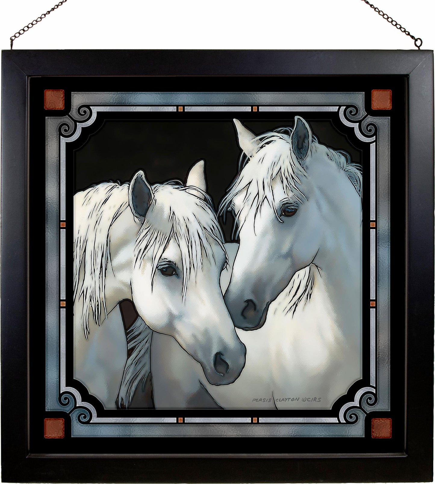 Stable Mates Horses Framed Stained Glass Art Look Suncatcher Large Hanging Panel