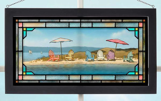 Simply Summer on the Beach Framed Stained Glass Art Look Suncatcher Large Hanging Panel