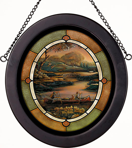 Summer Fades Canoe Lake Scene Framed Stained Glass Art Look Suncatcher Oval Hanging Panel