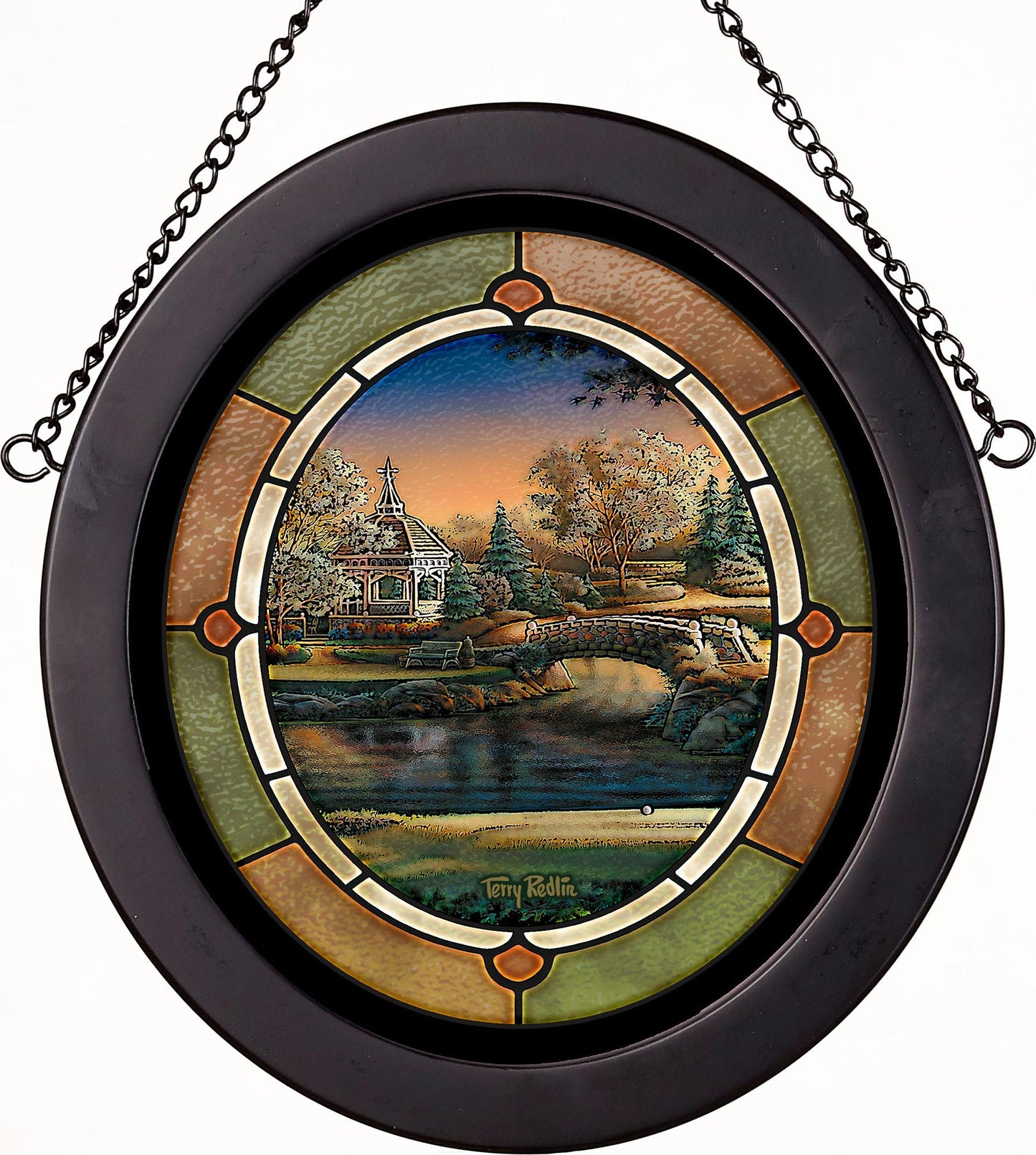 Summer Gazebo on the Water Framed Stained Glass Art Look Suncatcher Oval Hanging Panel