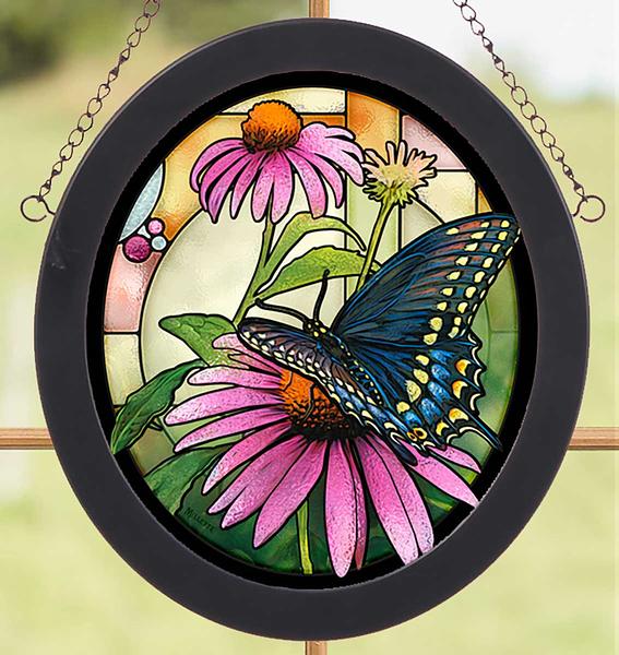 Black Swallowtail Butterfly Framed Stained Glass Art Look Suncatcher Oval Hanging Panel