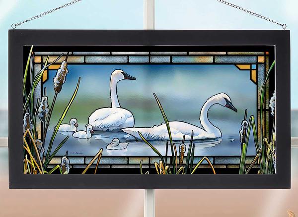 Mother & Baby Swans on the Lake Framed Stained Glass Art Look Suncatcher Large Hanging Panel