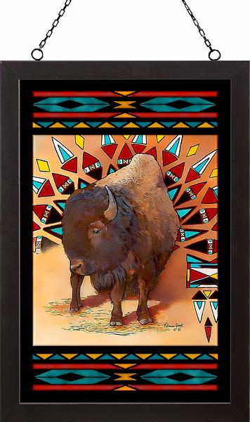 Tribal Buffalo Bison Santa Fe Style Framed Stained Glass Art Look Suncatcher Large Hanging Panel