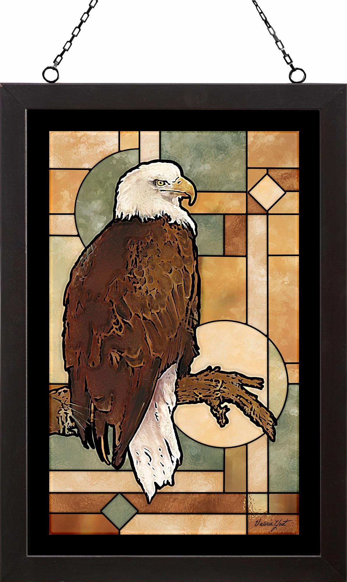 Perched Bald Eagle Framed Stained Glass Art Look Suncatcher Large Hanging Panel