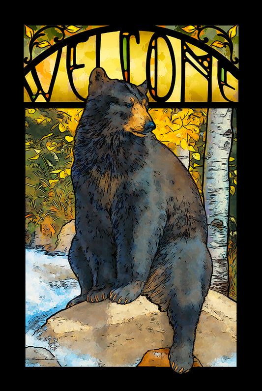 Welcome Sign Black Bear Framed Stained Glass Art Look Suncatcher Large Hanging Panel