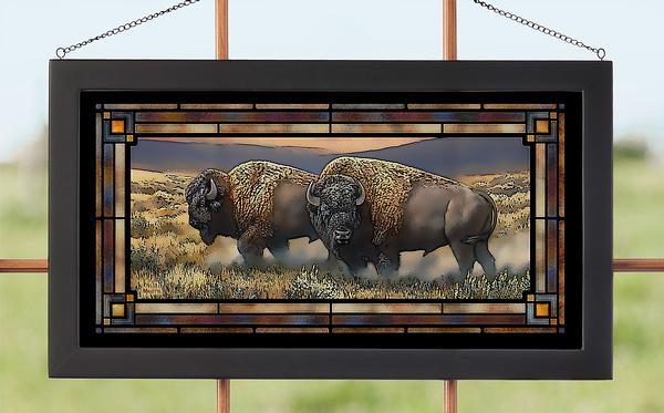 Bison Roaming the Plain Framed Stained Glass Art Look Suncatcher Large Hanging Panel