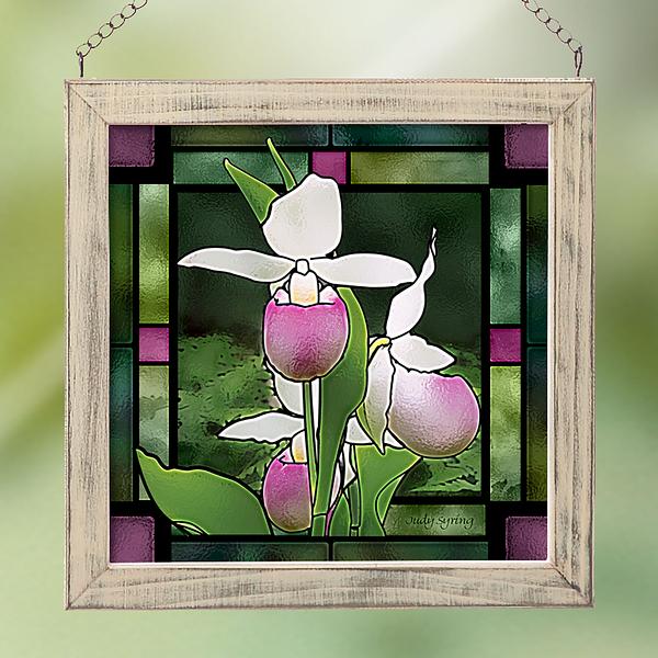 Lady Slipper Orchid Flowers Framed Stained Glass Art Look Suncatcher Small Square Hanging Panel