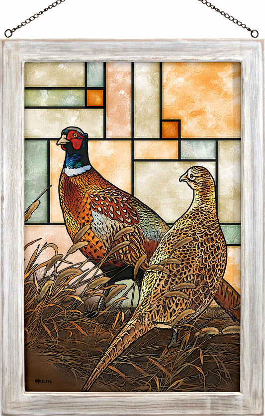 Pheasant Couples Framed Stained Glass Art Look Suncatcher Large Hanging Panel