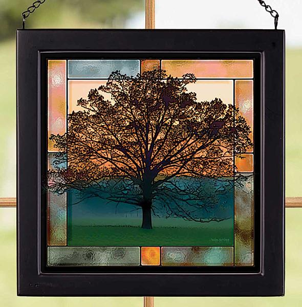 Twilight Tree Framed Stained Glass Art Look Suncatcher Small Square Hanging Panel