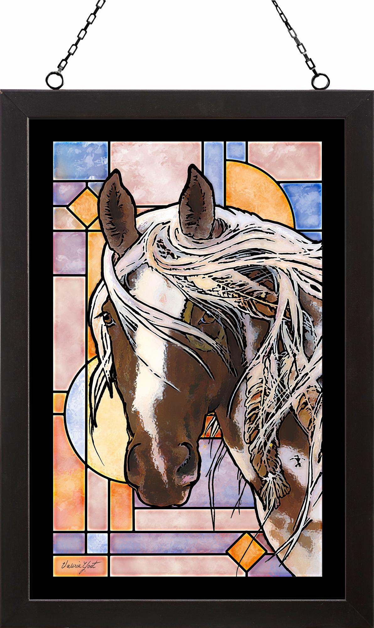 Spirit of the Stallion Horse Framed Stained Glass Art Look Suncatcher Large Hanging Panel