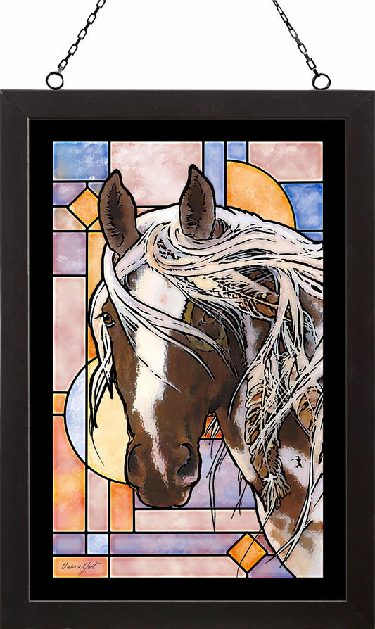 Spirit of the Stallion Horse Framed Stained Glass Art Look Suncatcher Large Hanging Panel