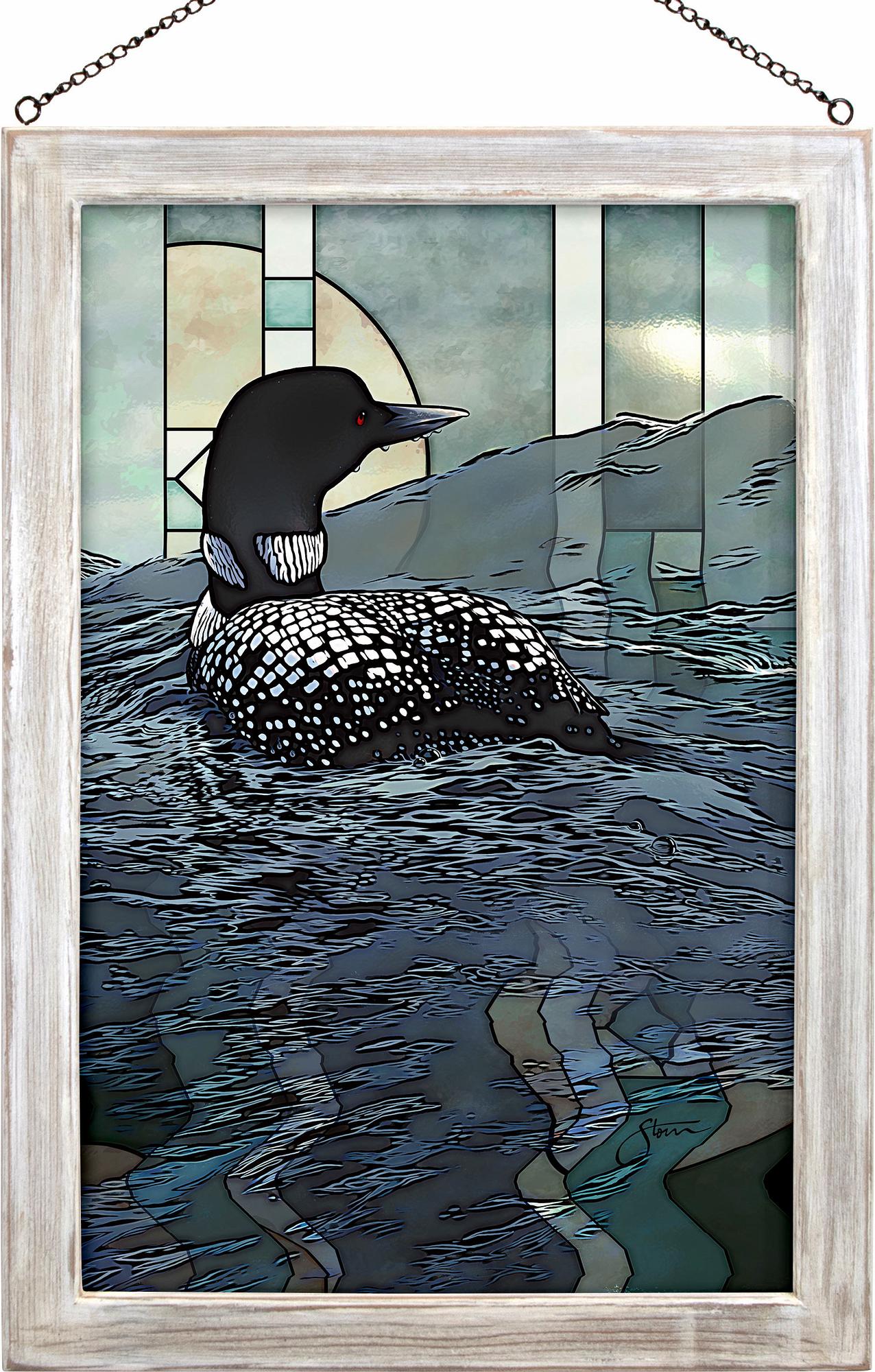 Loon Duck on the Lake Framed Stained Glass Art Look Suncatcher Large Hanging Panel