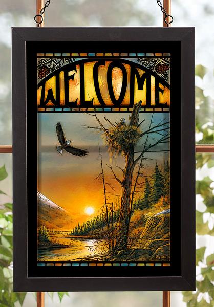 Bald Eagles Welcome Sign Framed Stained Glass Art Look Suncatcher Large Hanging Panel