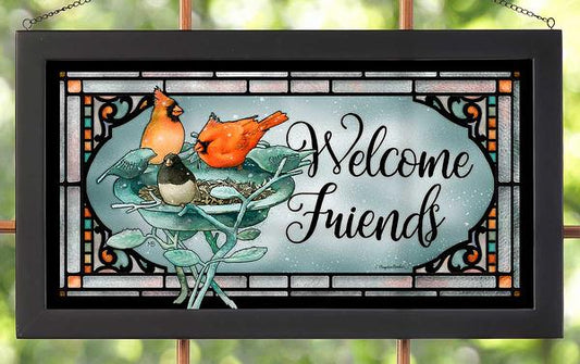 Welcome Friends Cardinals & Chickadee Framed Stained Glass Art Look Suncatcher Large Hanging Panel