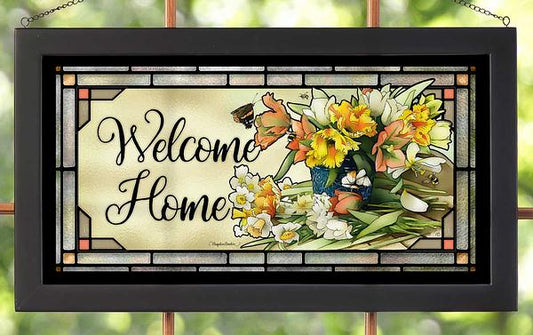 Welcome Home Floral Bouquet Framed Stained Glass Art Look Suncatcher Large Hanging Panel