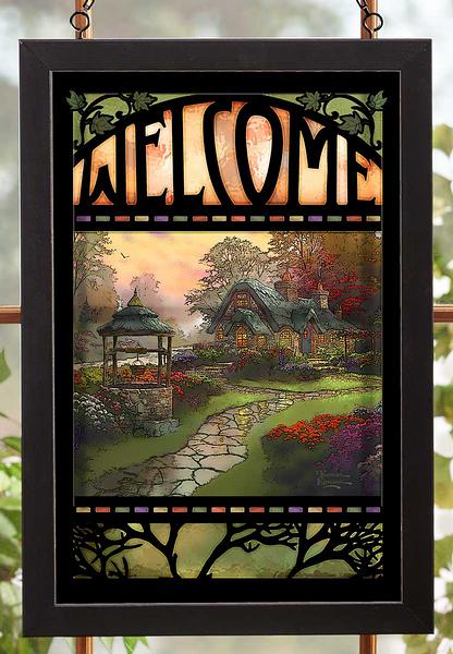 Fairytale Cottage Welcome Sign Stained Glass Art Framed Stained Glass Art Look Suncatcher Large Hanging Panel