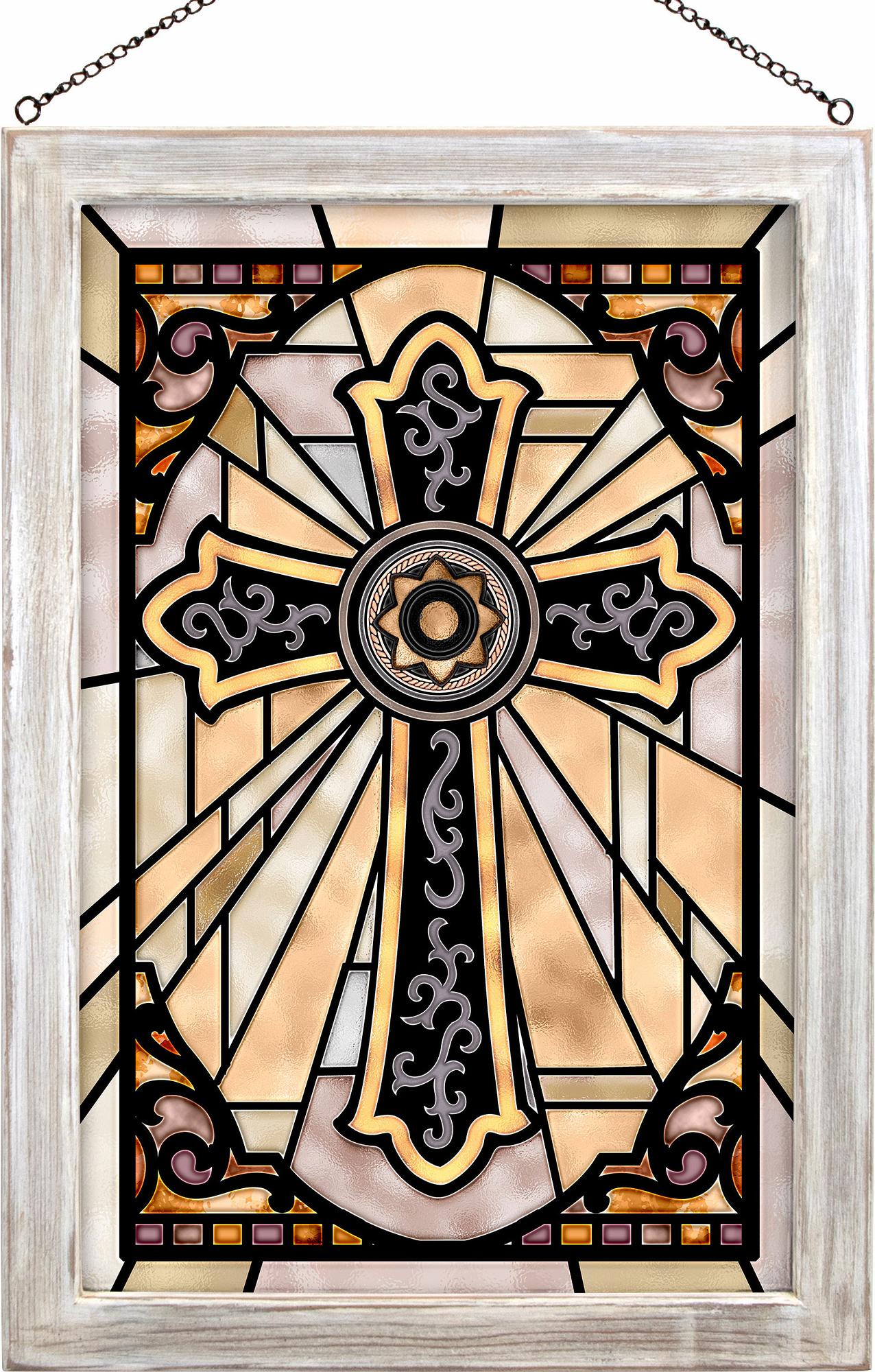 Western Cross Framed Stained Glass Art Look Suncatcher Large Hanging Panel