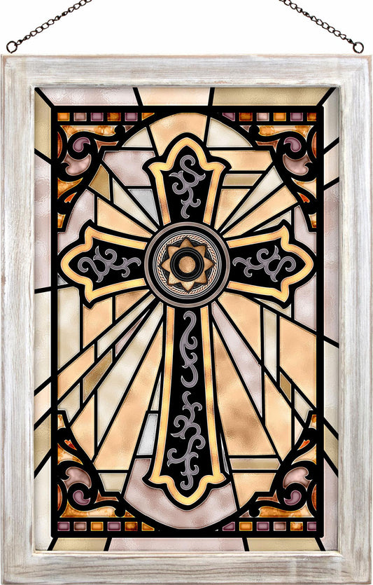 Western Cross Framed Stained Glass Art Look Suncatcher Large Hanging Panel