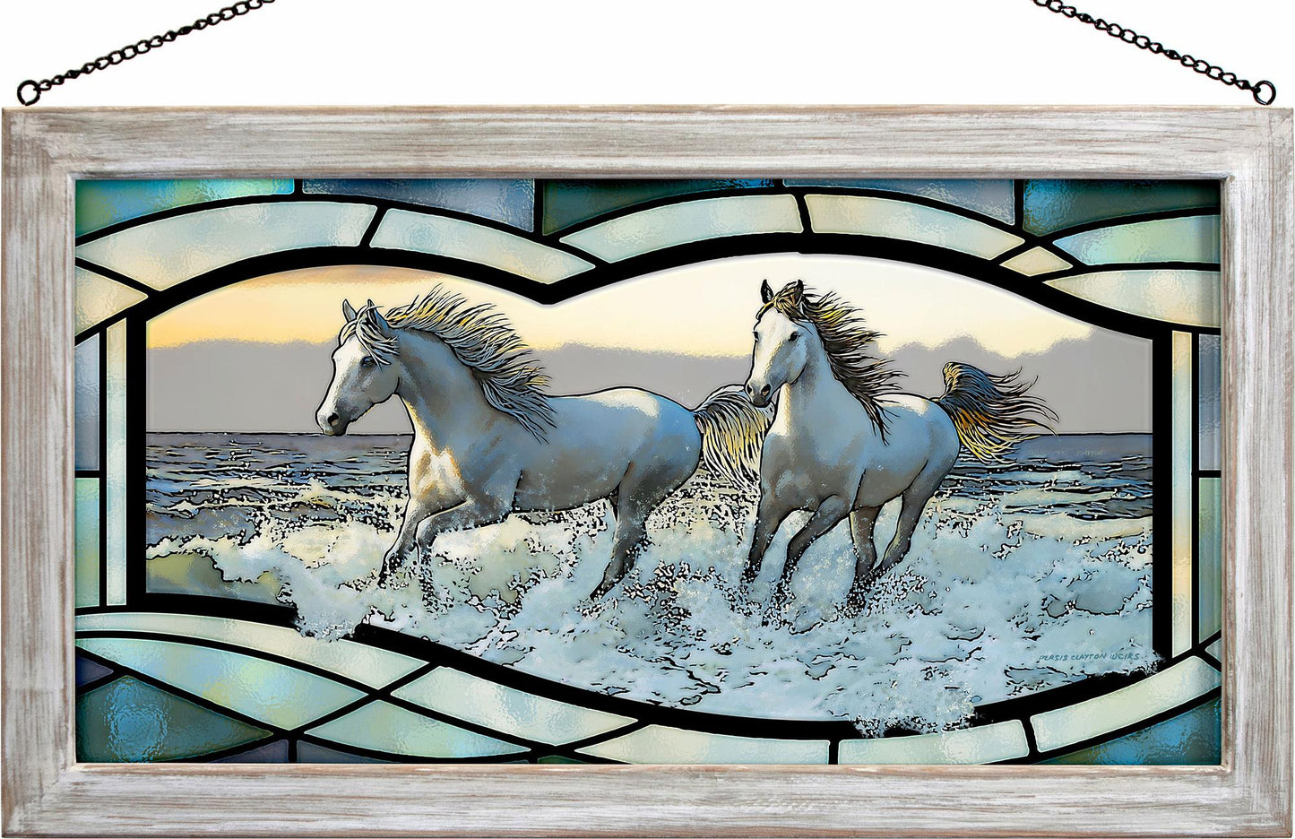 Wild Hearts Horses at Low Tide Framed Stained Glass Art Look Suncatcher Large Hanging Panel