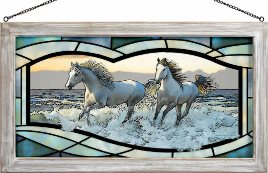 Wild Hearts Horses at Low Tide Framed Stained Glass Art Look Suncatcher Large Hanging Panel