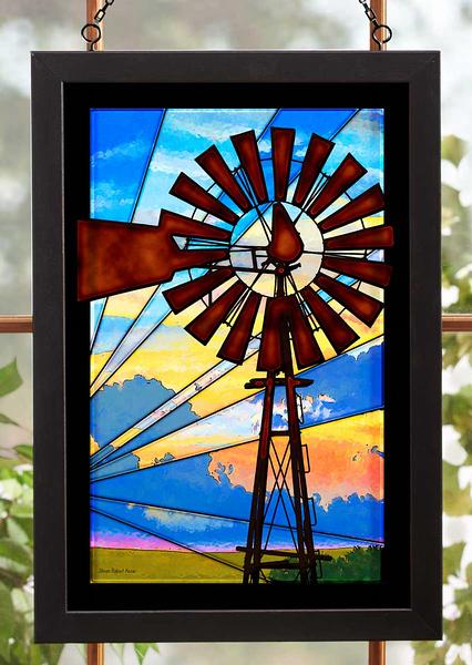 Windmill Sunrise Framed Stained Glass Art Look Suncatcher Large Hanging Panel