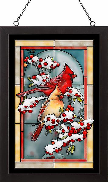 Winter Jewel Cardinals Framed Stained Glass Art Look Suncatcher Large Hanging Panel