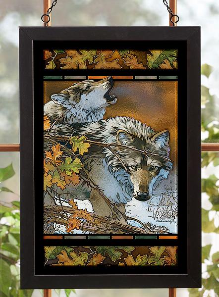 Majestic Wolves Howl Framed Stained Glass Art Look Suncatcher Large Hanging Panel