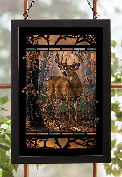 Deer in the Mist Framed Stained Glass Art Look Suncatcher Large Hanging Panel