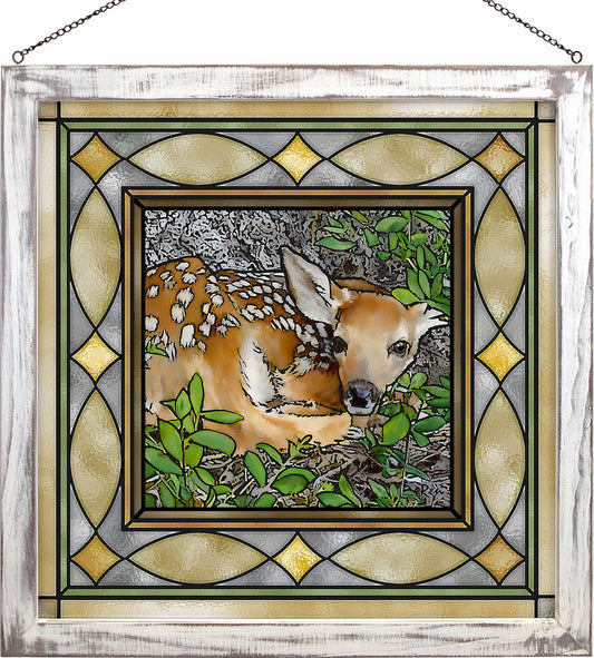 Woodland Wonder – Deer Fawn Framed Stained Glass Look Suncatcher Large Hanging Panel