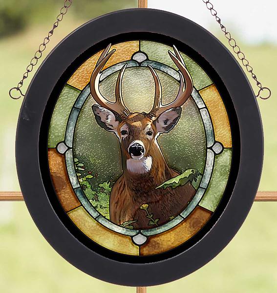 Whitetail Buck Framed Stained Glass Art Look Suncatcher Oval Hanging Panel